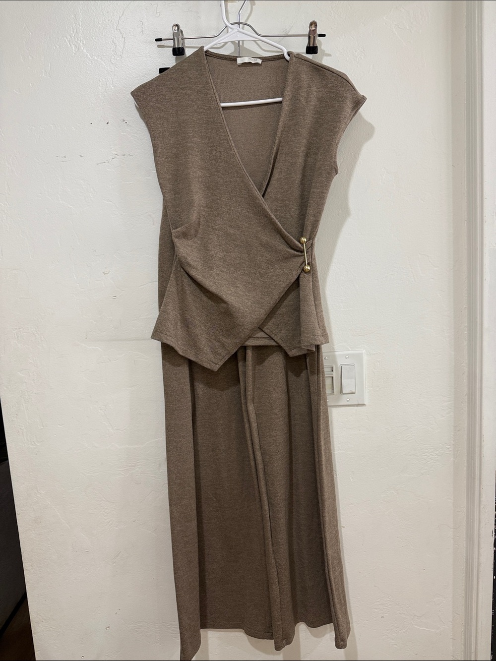 Zara Taupe Wide-Leg Knit Jumpsuit with Wrap Bodice